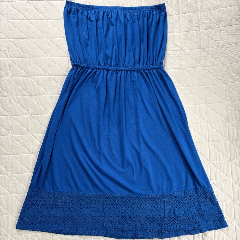 SOLD - Jones New York Royal Blue Strapless Crochet Hem Midi Dress Size L - Picture 2 of 9